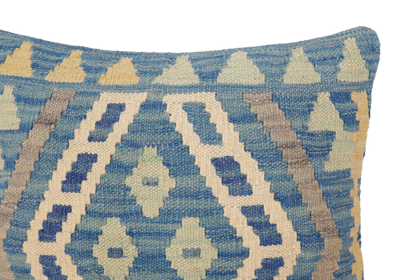 handmade Traditional Pillow Blue Gray Hand-Woven SQUARE 100% WOOL Hand woven turkish pillow2' x 2'