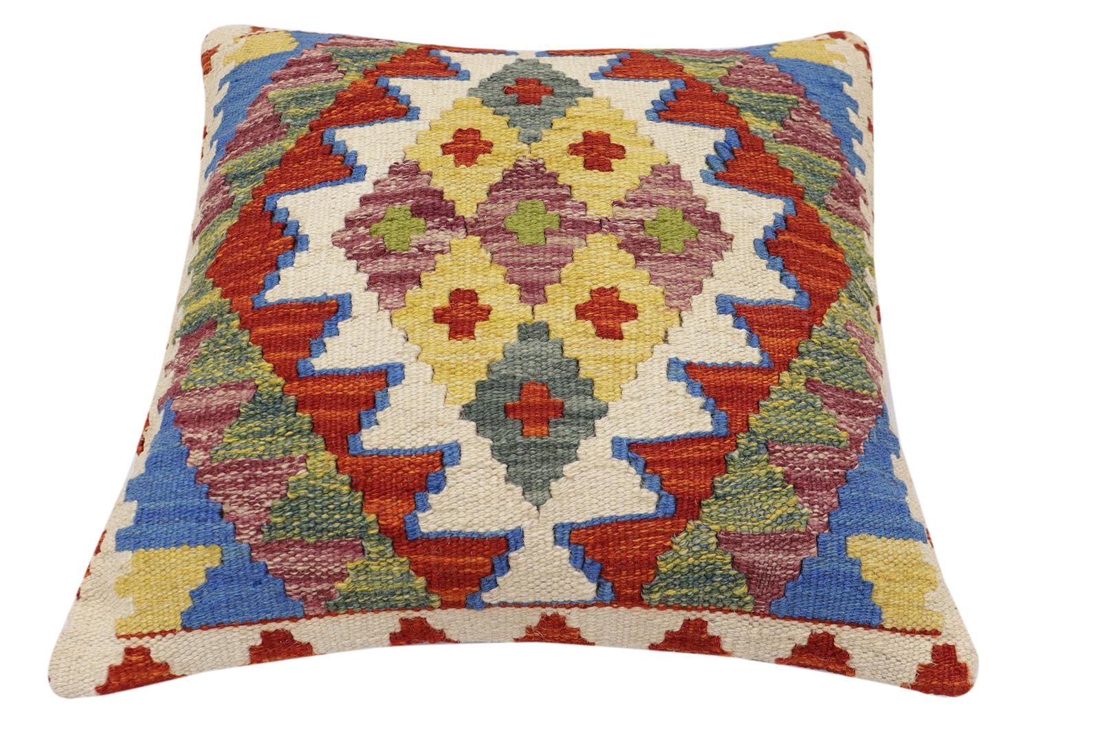 handmade Traditional Pillow Rust Blue Hand-Woven SQUARE 100% WOOL Hand woven turkish pillow2' x 2'