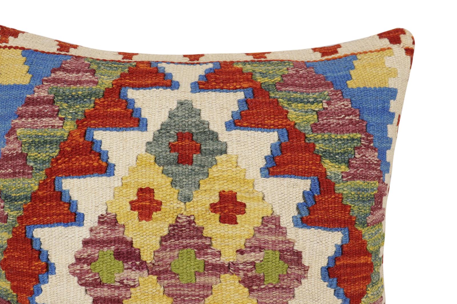 handmade Traditional Pillow Rust Blue Hand-Woven SQUARE 100% WOOL Hand woven turkish pillow2' x 2'