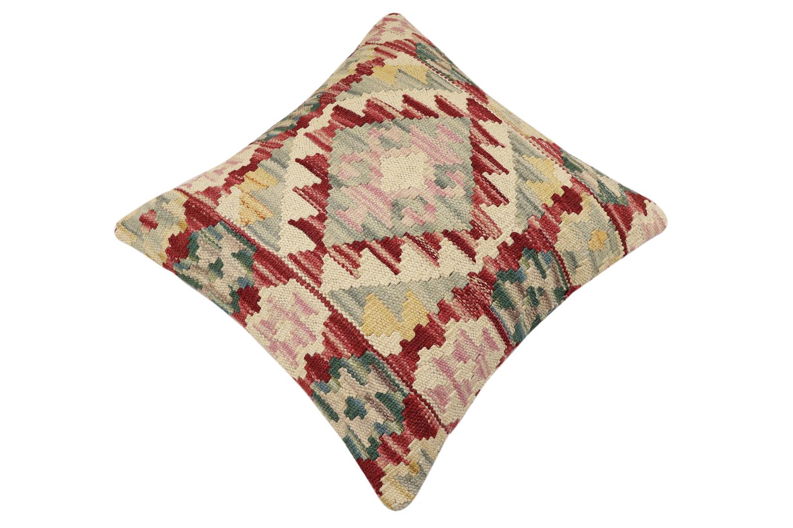 handmade Traditional Pillow Red Beige Hand-Woven SQUARE 100% WOOL Hand woven turkish pillow2' x 2'