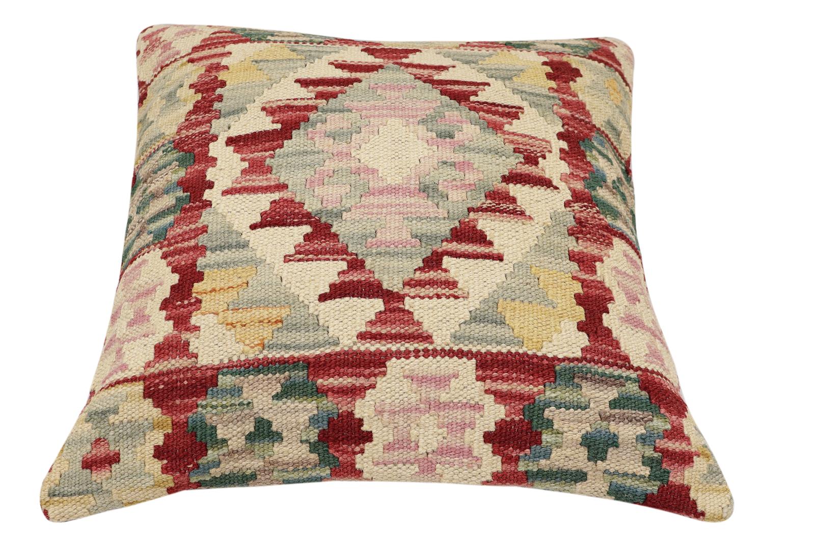 handmade Traditional Pillow Red Beige Hand-Woven SQUARE 100% WOOL Hand woven turkish pillow2' x 2'