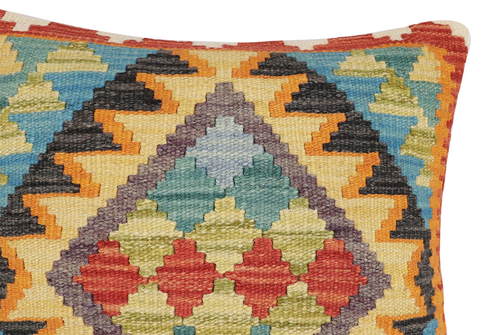 handmade Traditional Pillow Rust Blue Hand-Woven SQUARE 100% WOOL Hand woven turkish pillow2' x 2'