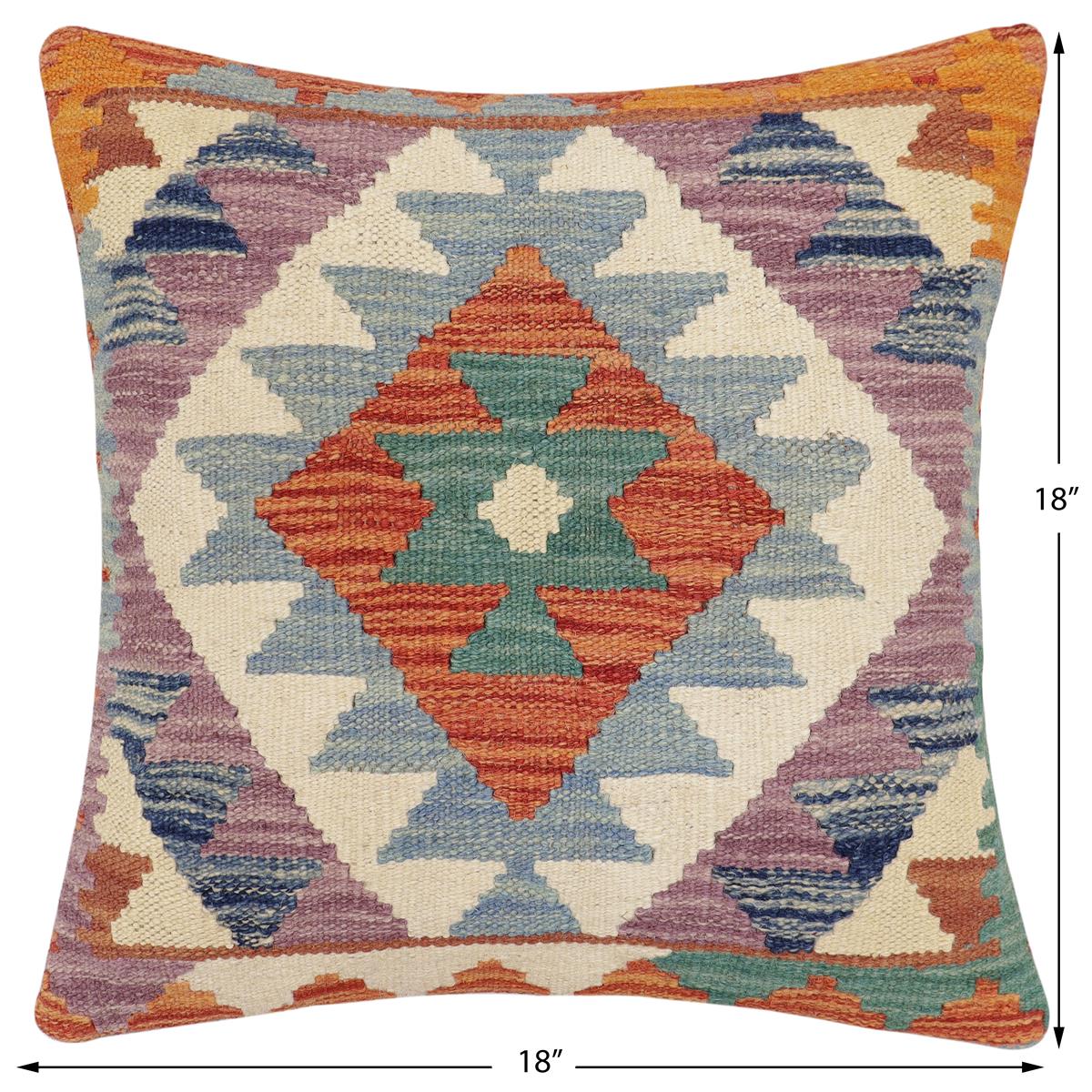 handmade Traditional Pillow Rust Blue Hand-Woven SQUARE 100% WOOL Hand woven turkish pillow2' x 2'