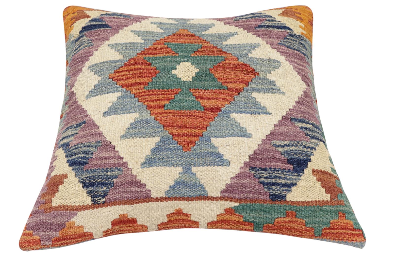 handmade Traditional Pillow Rust Blue Hand-Woven SQUARE 100% WOOL Hand woven turkish pillow2' x 2'