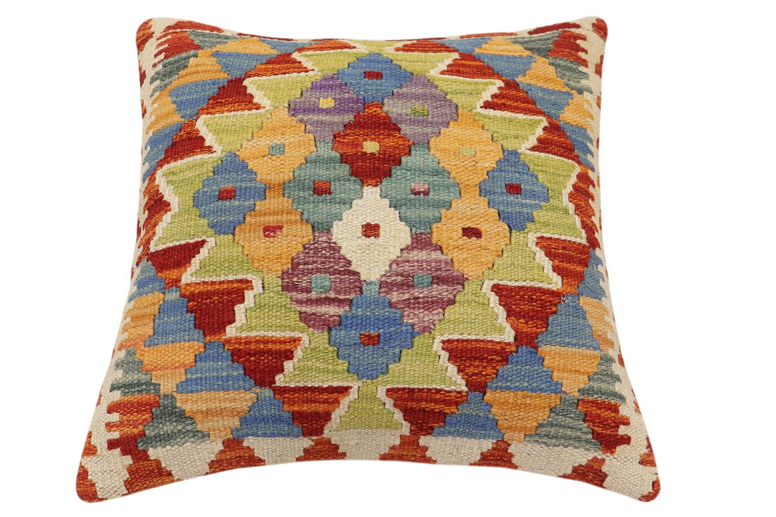 handmade Traditional Pillow Rust Blue Hand-Woven SQUARE 100% WOOL Hand woven turkish pillow2' x 2'