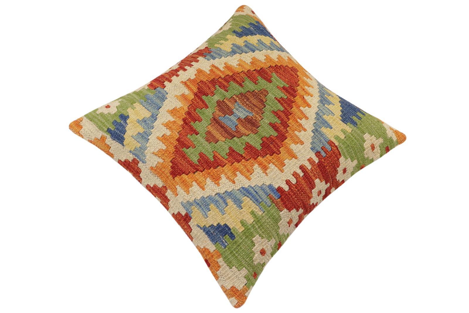 handmade Traditional Pillow Rust Blue Hand-Woven SQUARE 100% WOOL Hand woven turkish pillow2' x 2'