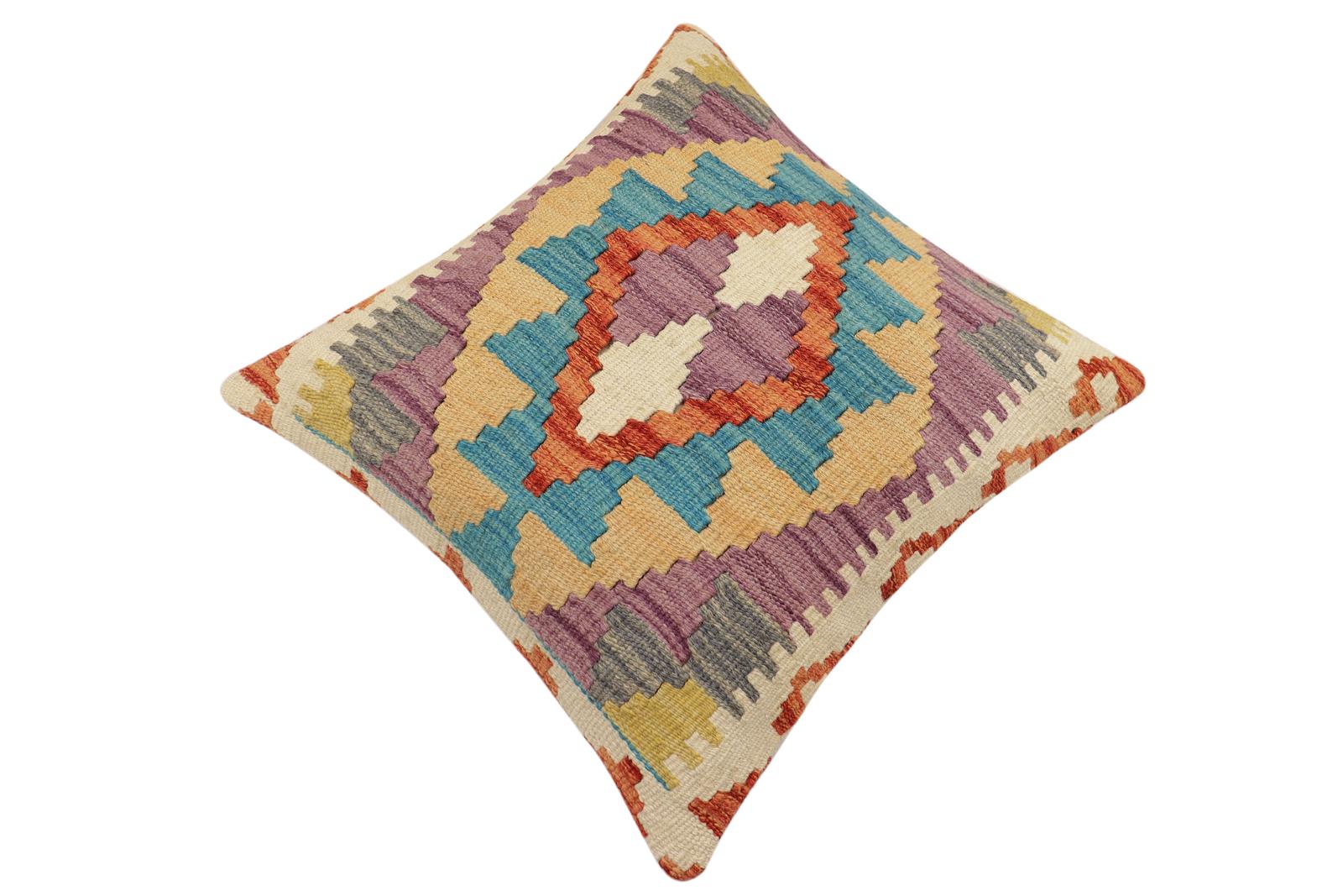 handmade Traditional Pillow Rust Blue Hand-Woven SQUARE 100% WOOL Hand woven turkish pillow2' x 2'