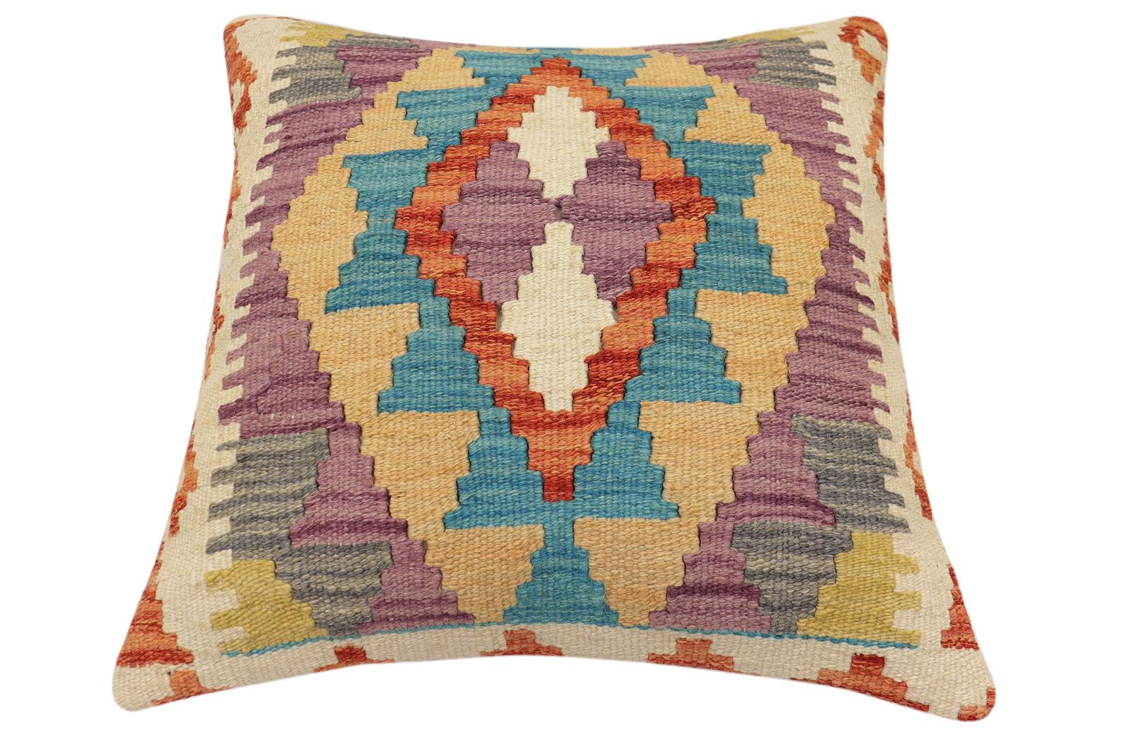 handmade Traditional Pillow Rust Blue Hand-Woven SQUARE 100% WOOL Hand woven turkish pillow2' x 2'