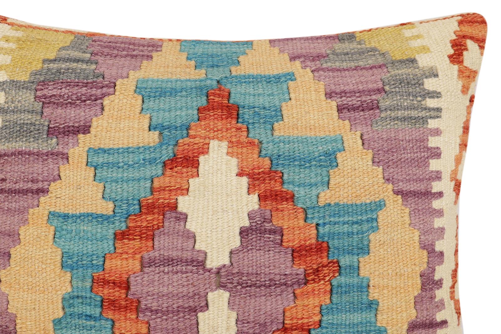 handmade Traditional Pillow Rust Blue Hand-Woven SQUARE 100% WOOL Hand woven turkish pillow2' x 2'