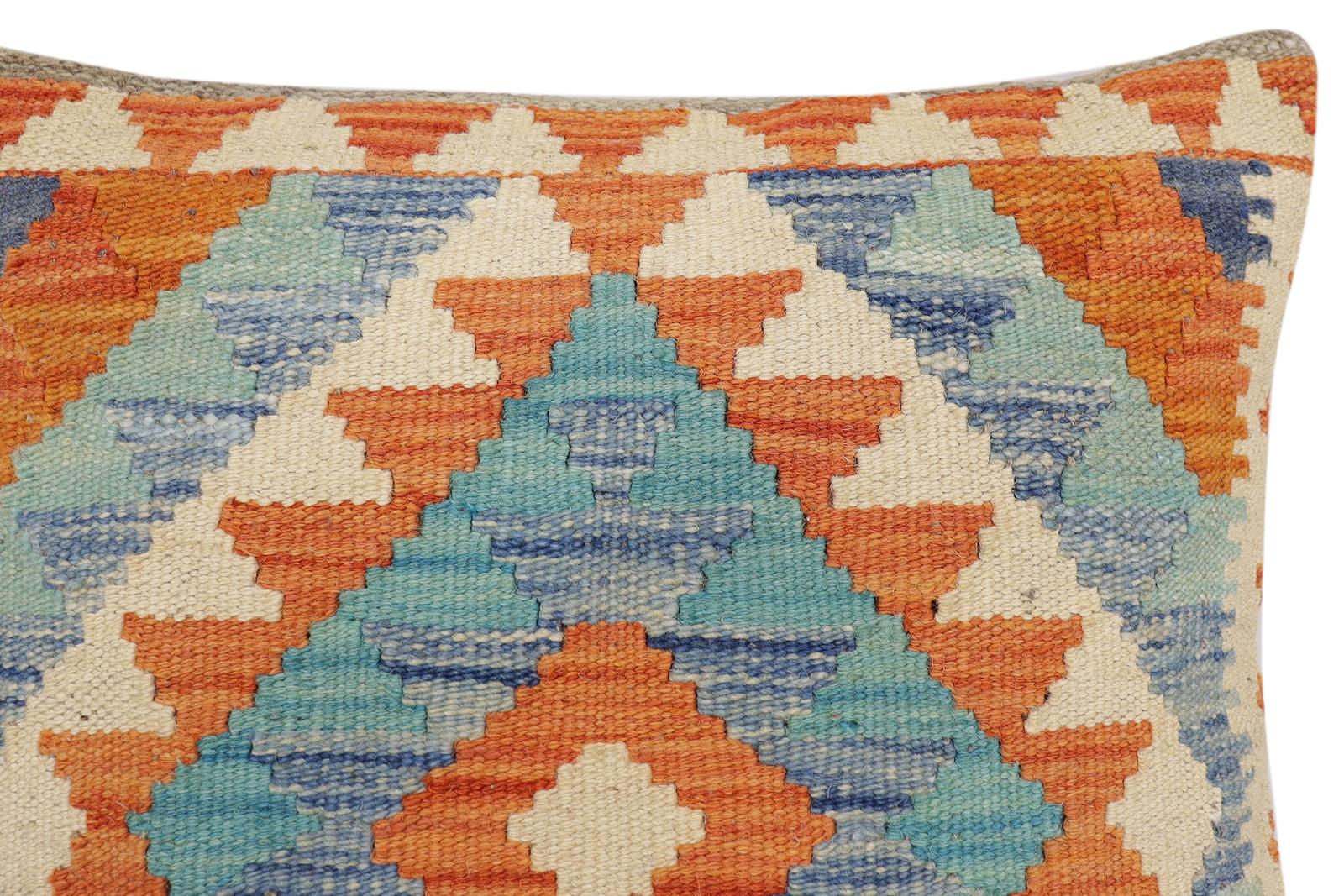 handmade Traditional Pillow Rust Blue Hand-Woven SQUARE 100% WOOL Hand woven turkish pillow2' x 2'