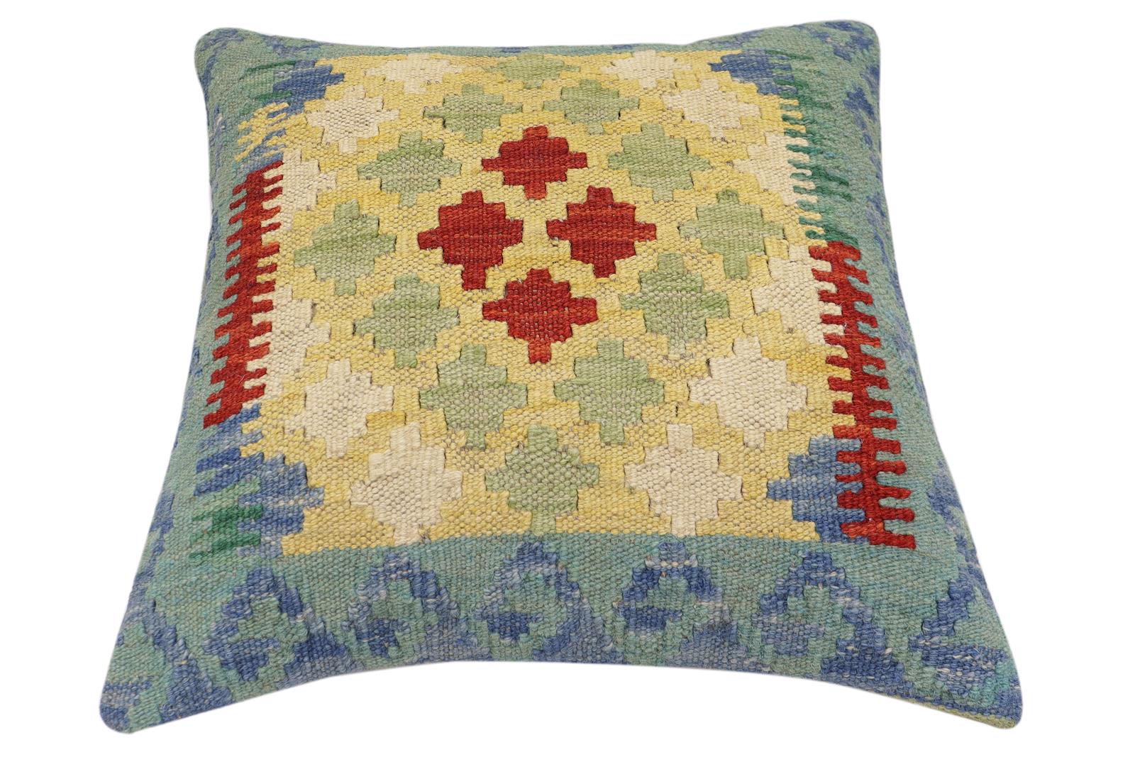 handmade Traditional Pillow Blue Red Hand-Woven SQUARE 100% WOOL Hand woven turkish pillow2' x 2'