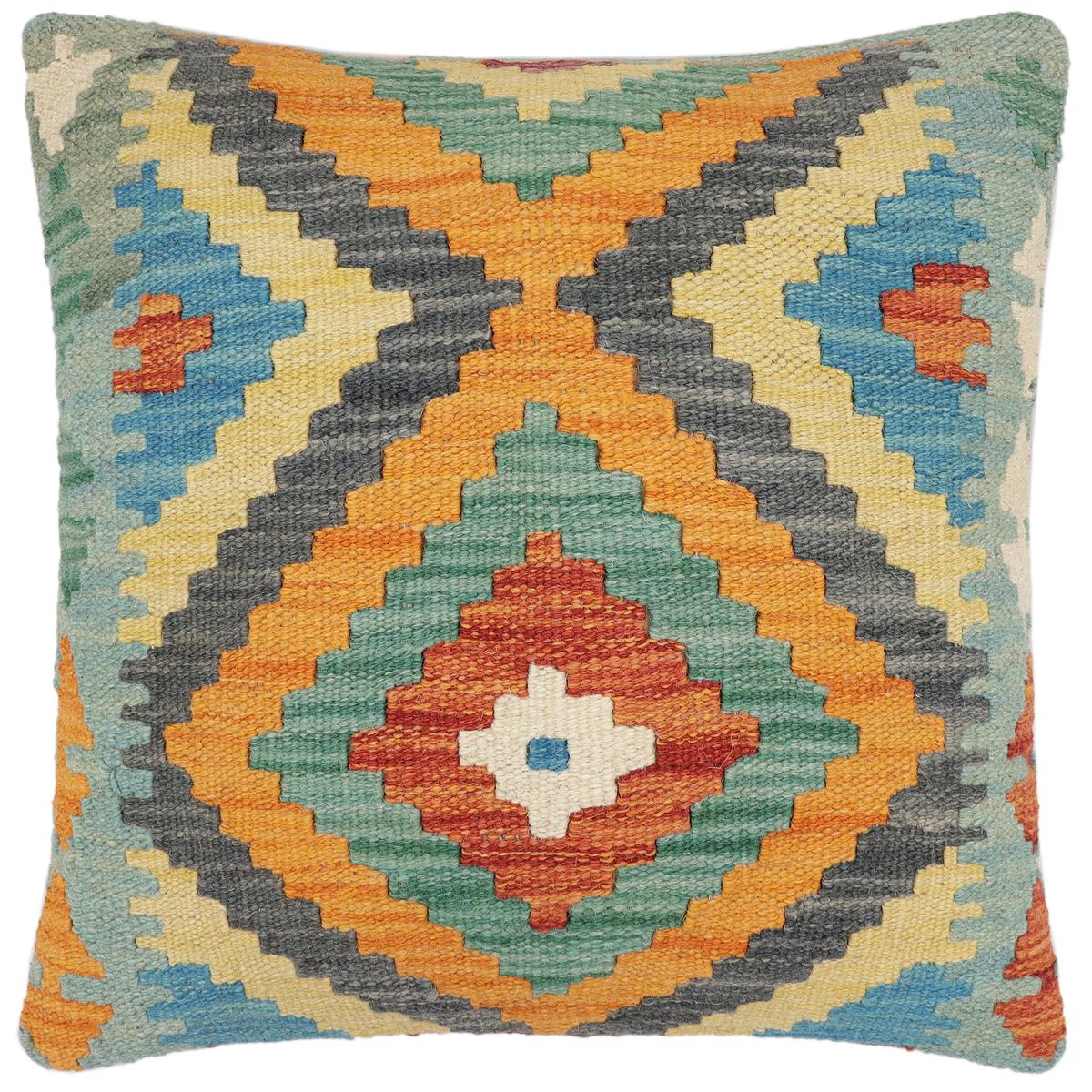 handmade Traditional Pillow Rust Blue Hand-Woven SQUARE 100% WOOL Hand woven turkish pillow2' x 2'