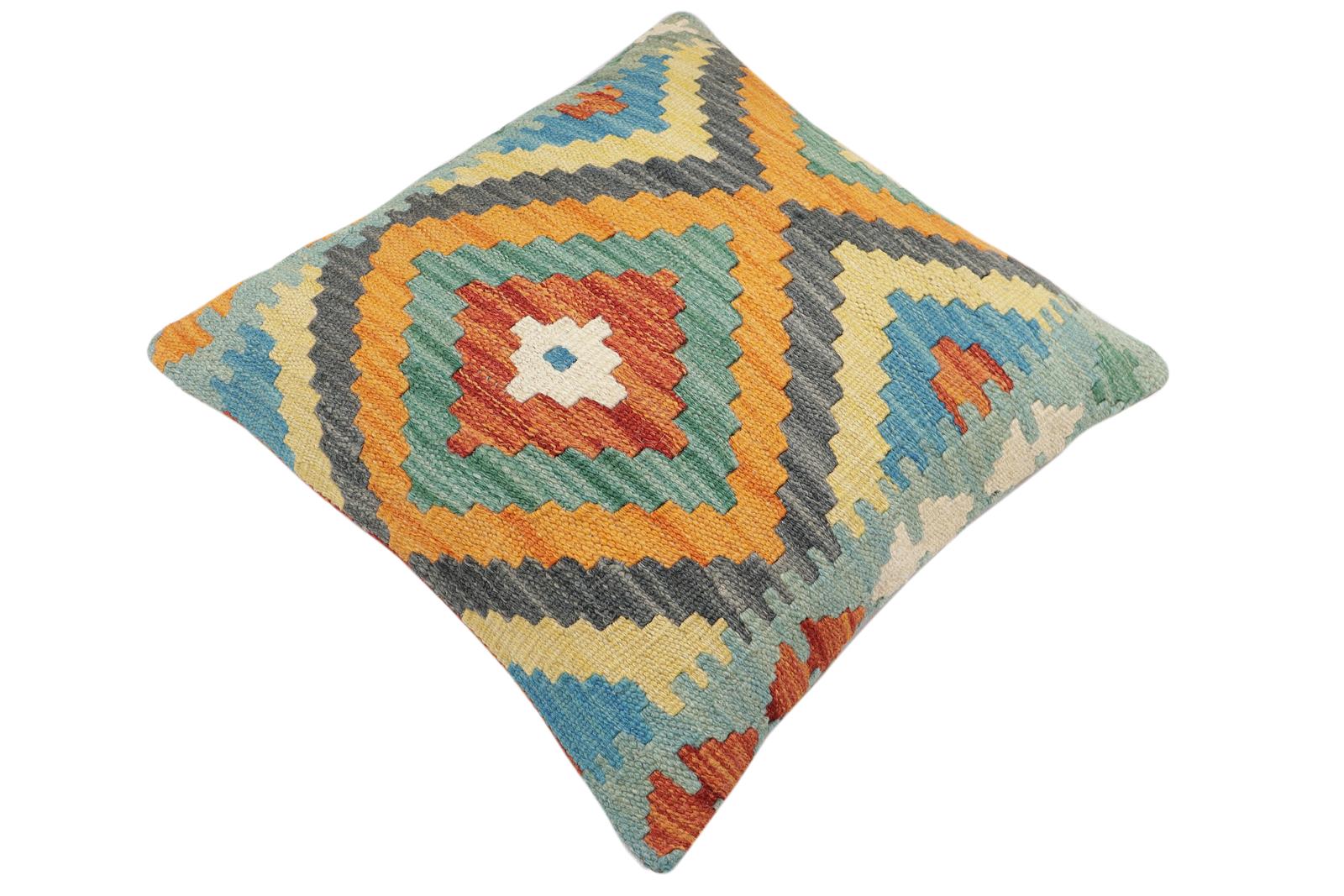 handmade Traditional Pillow Rust Blue Hand-Woven SQUARE 100% WOOL Hand woven turkish pillow2' x 2'