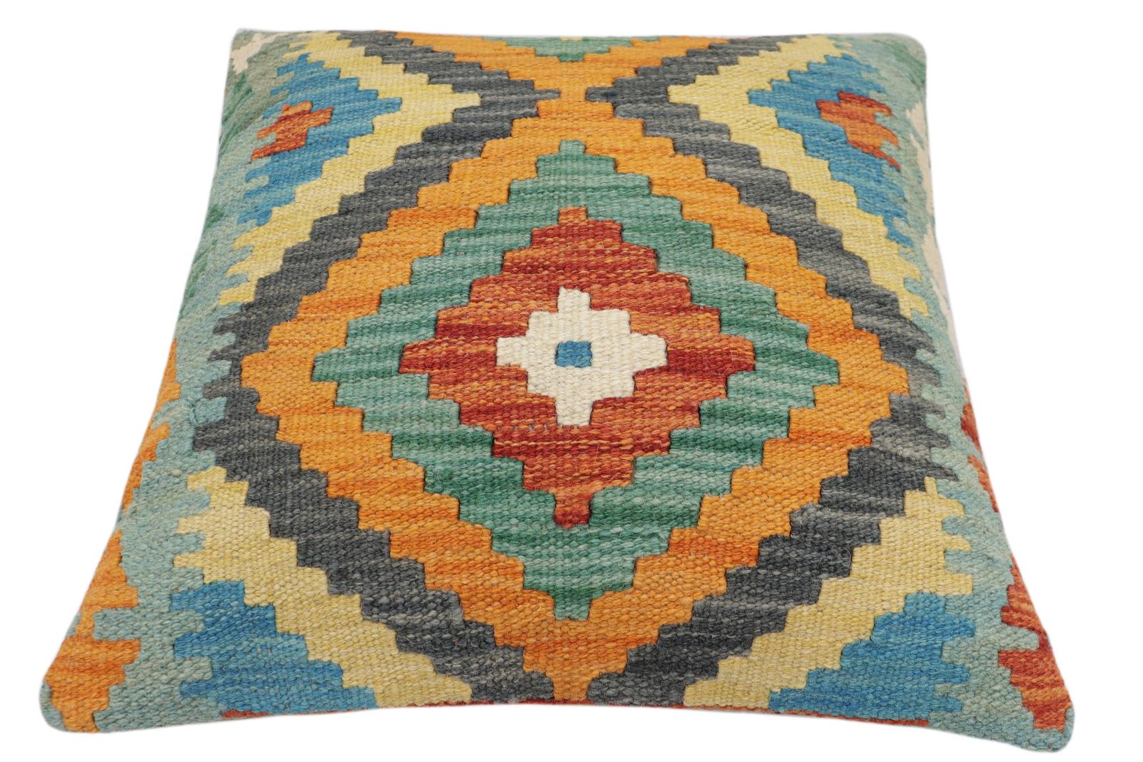handmade Traditional Pillow Rust Blue Hand-Woven SQUARE 100% WOOL Hand woven turkish pillow2' x 2'