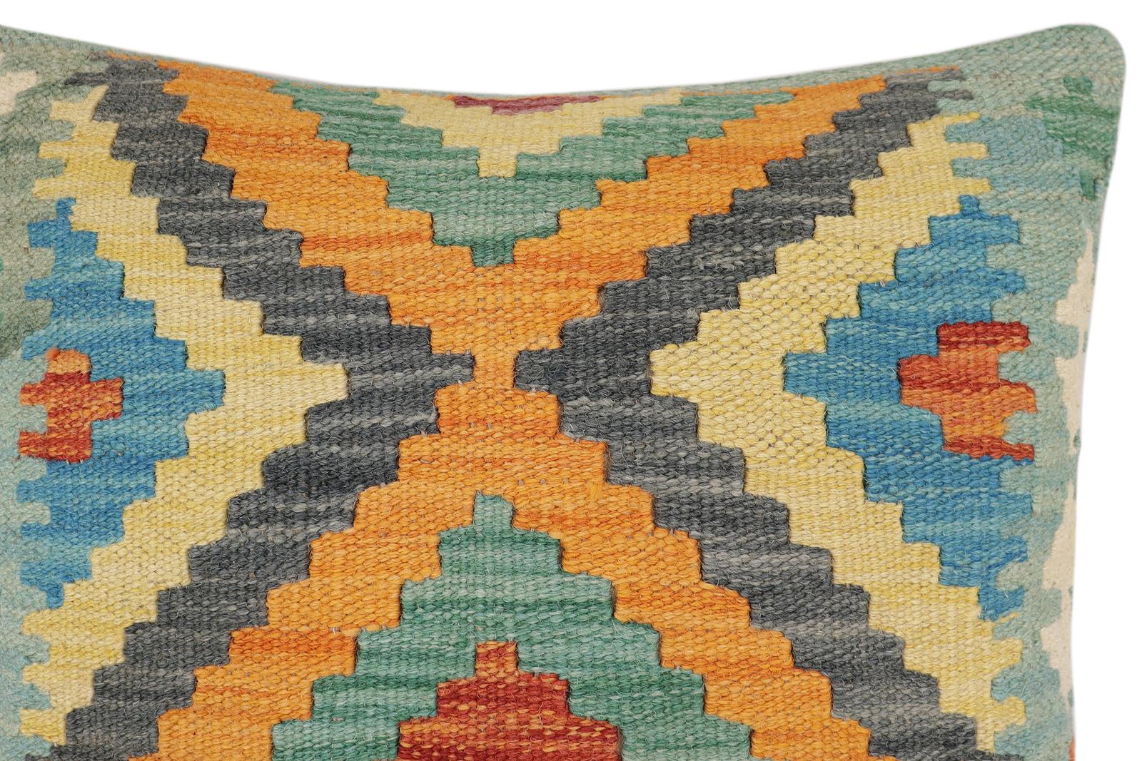 handmade Traditional Pillow Rust Blue Hand-Woven SQUARE 100% WOOL Hand woven turkish pillow2' x 2'