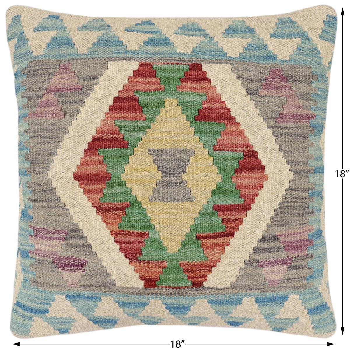 handmade Traditional Pillow Blue Red Hand-Woven SQUARE 100% WOOL Hand woven turkish pillow2' x 2'