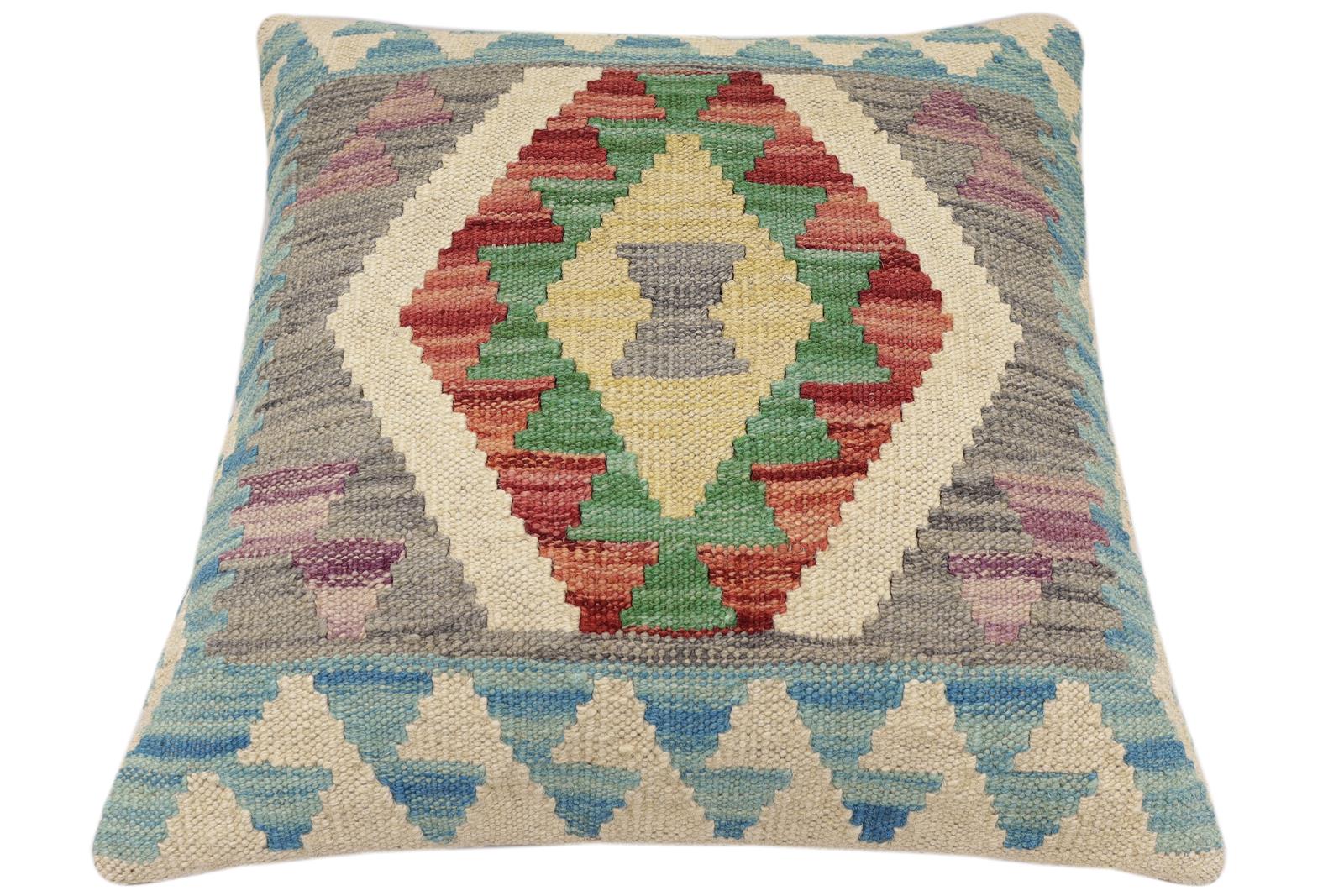 handmade Traditional Pillow Blue Red Hand-Woven SQUARE 100% WOOL Hand woven turkish pillow2' x 2'