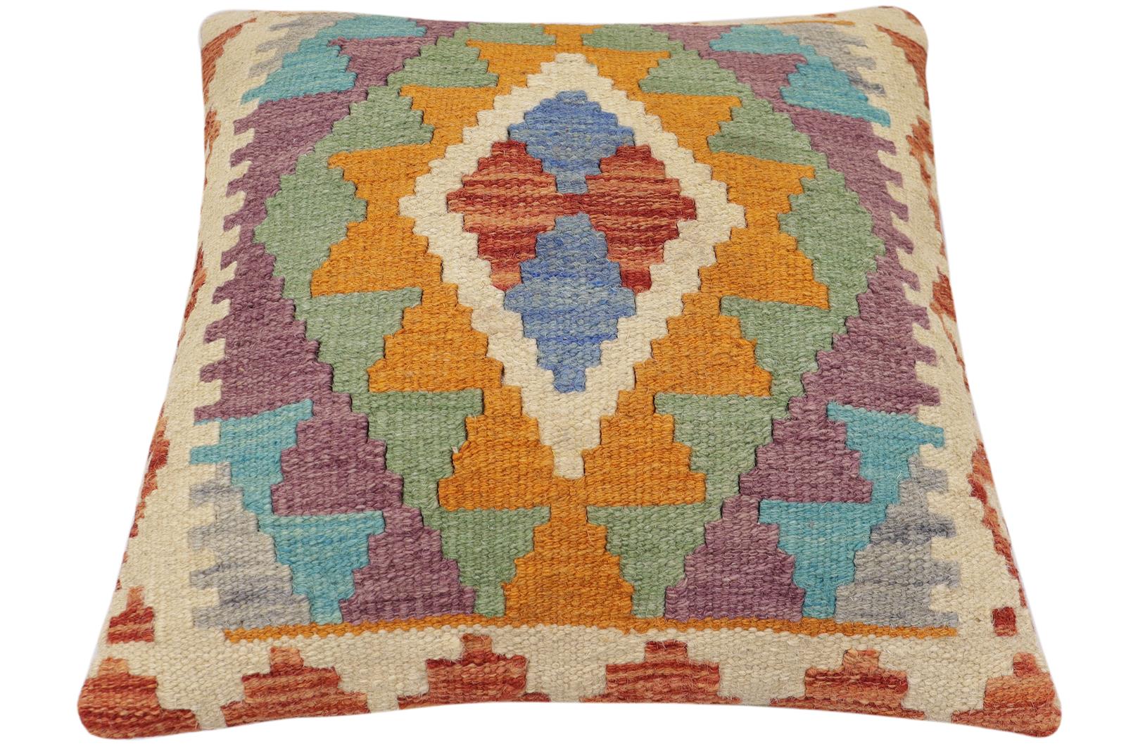 handmade Traditional Pillow Rust Blue Hand-Woven SQUARE 100% WOOL Hand woven turkish pillow2' x 2'