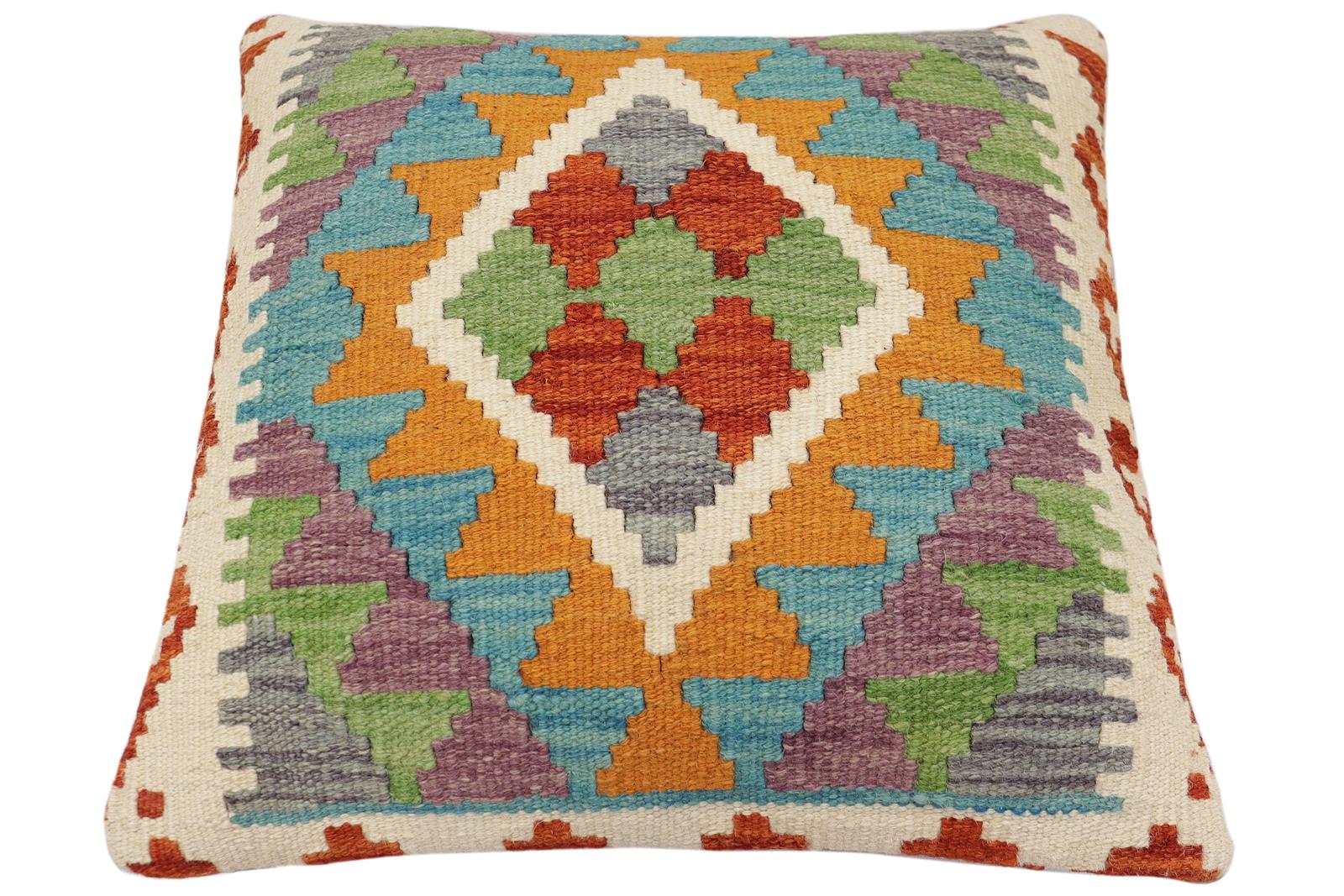 handmade Traditional Pillow Rust Blue Hand-Woven SQUARE 100% WOOL Hand woven turkish pillow2' x 2'