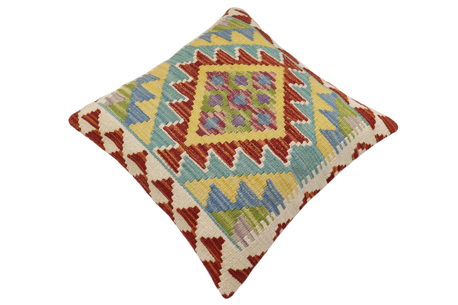 handmade Traditional Pillow Rust Blue Hand-Woven SQUARE 100% WOOL Hand woven turkish pillow2' x 2'