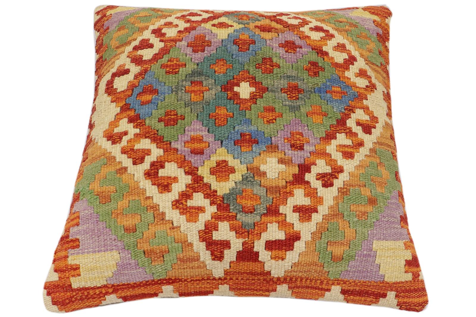 handmade Traditional Pillow Rust Blue Hand-Woven SQUARE 100% WOOL Hand woven turkish pillow2' x 2'