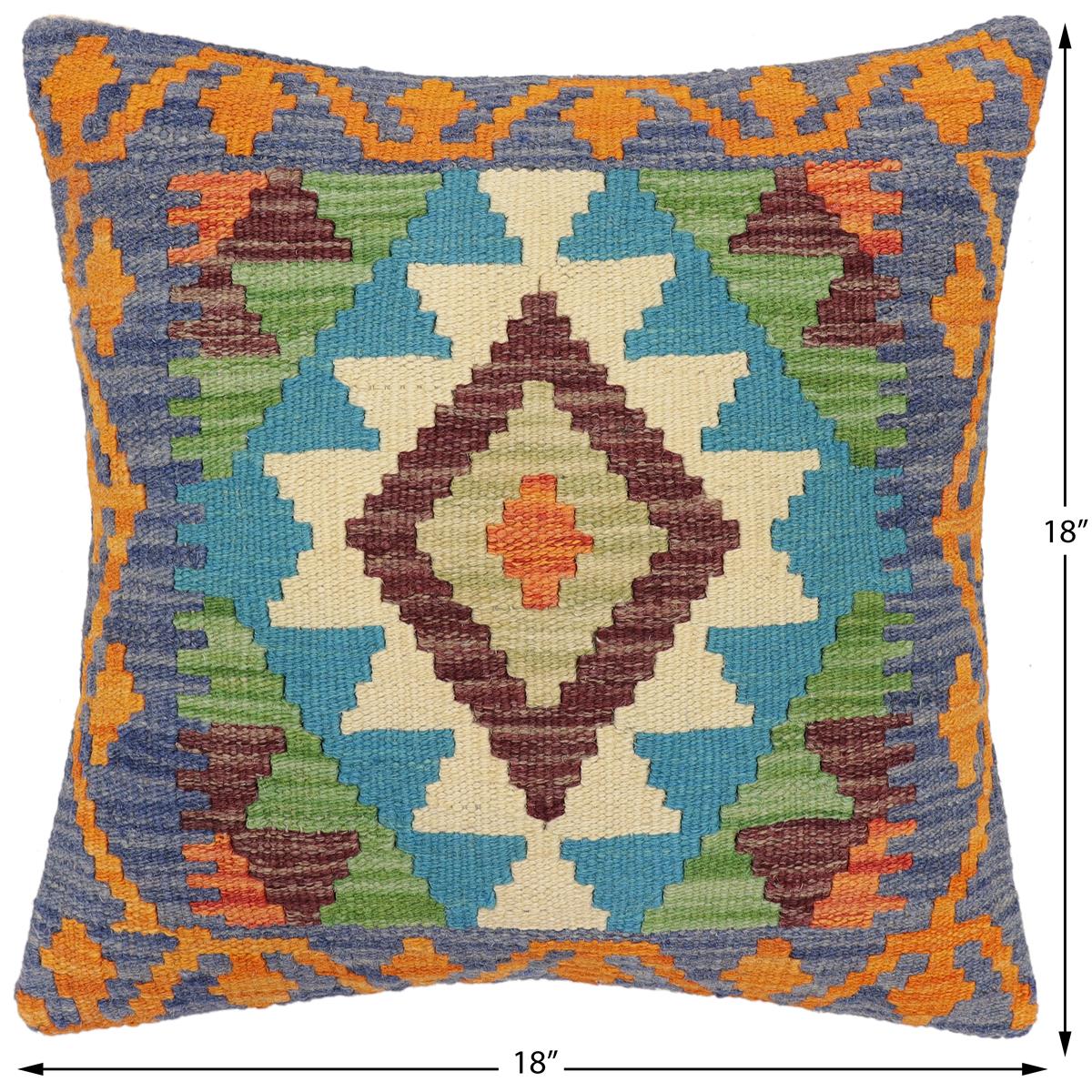 handmade Traditional Pillow Blue Rust Hand-Woven SQUARE 100% WOOL Hand woven turkish pillow2' x 2'