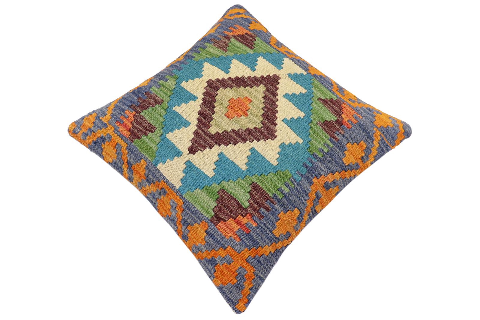 handmade Traditional Pillow Blue Rust Hand-Woven SQUARE 100% WOOL Hand woven turkish pillow2' x 2'