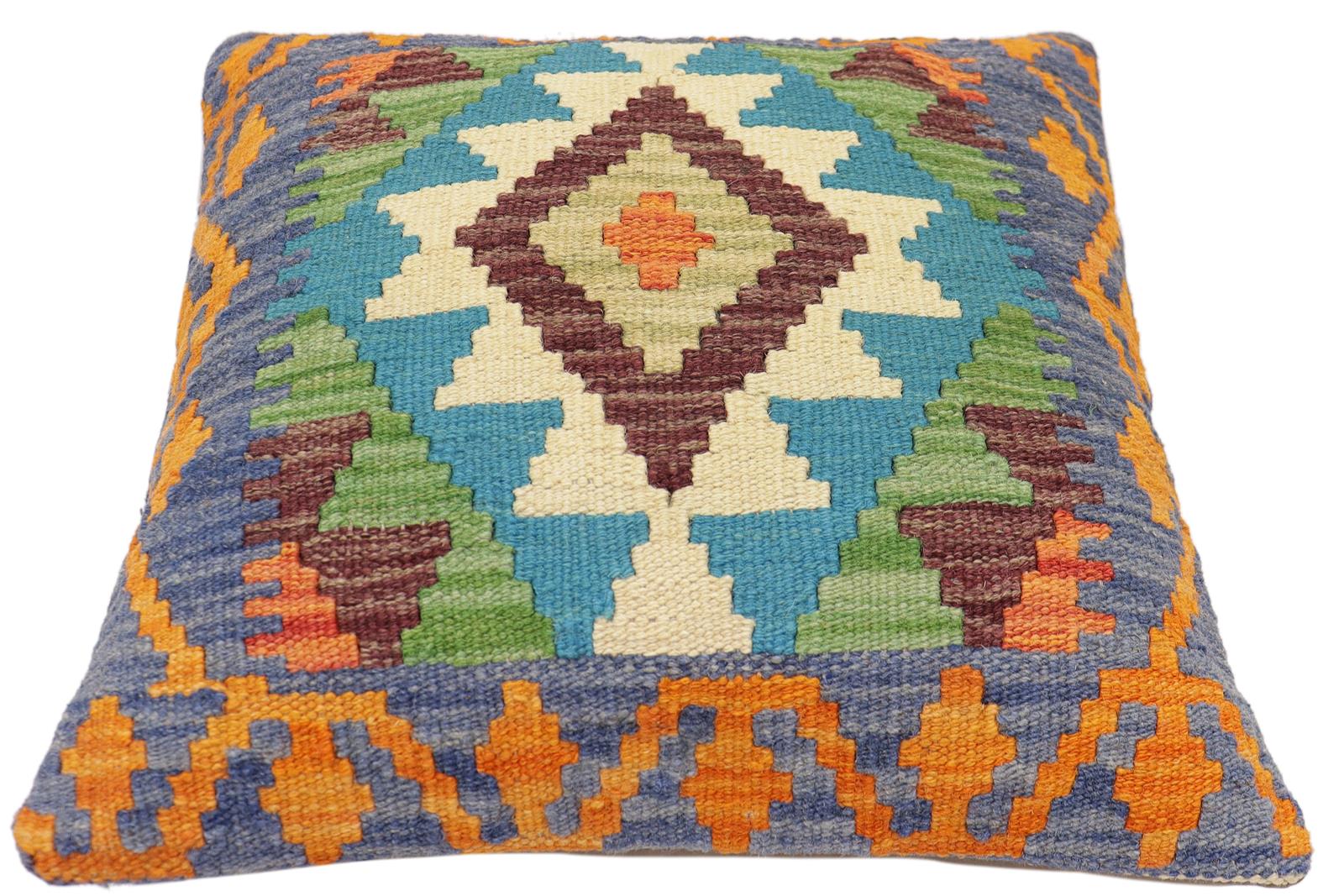 handmade Traditional Pillow Blue Rust Hand-Woven SQUARE 100% WOOL Hand woven turkish pillow2' x 2'