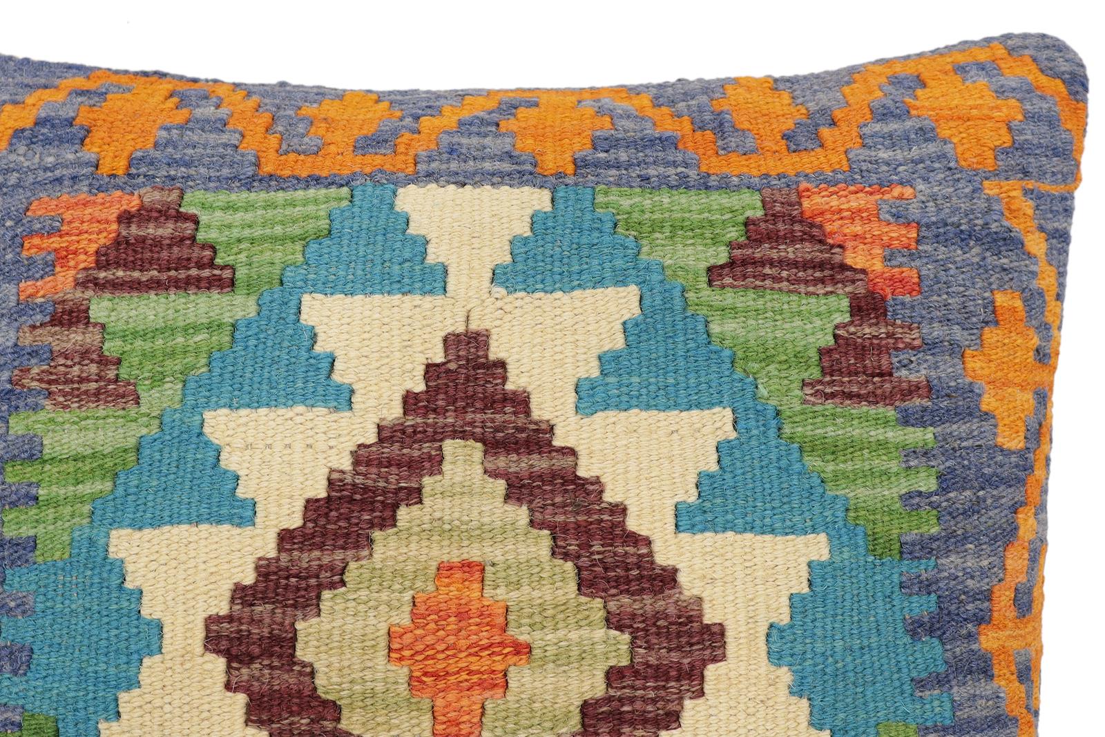 handmade Traditional Pillow Blue Rust Hand-Woven SQUARE 100% WOOL Hand woven turkish pillow2' x 2'