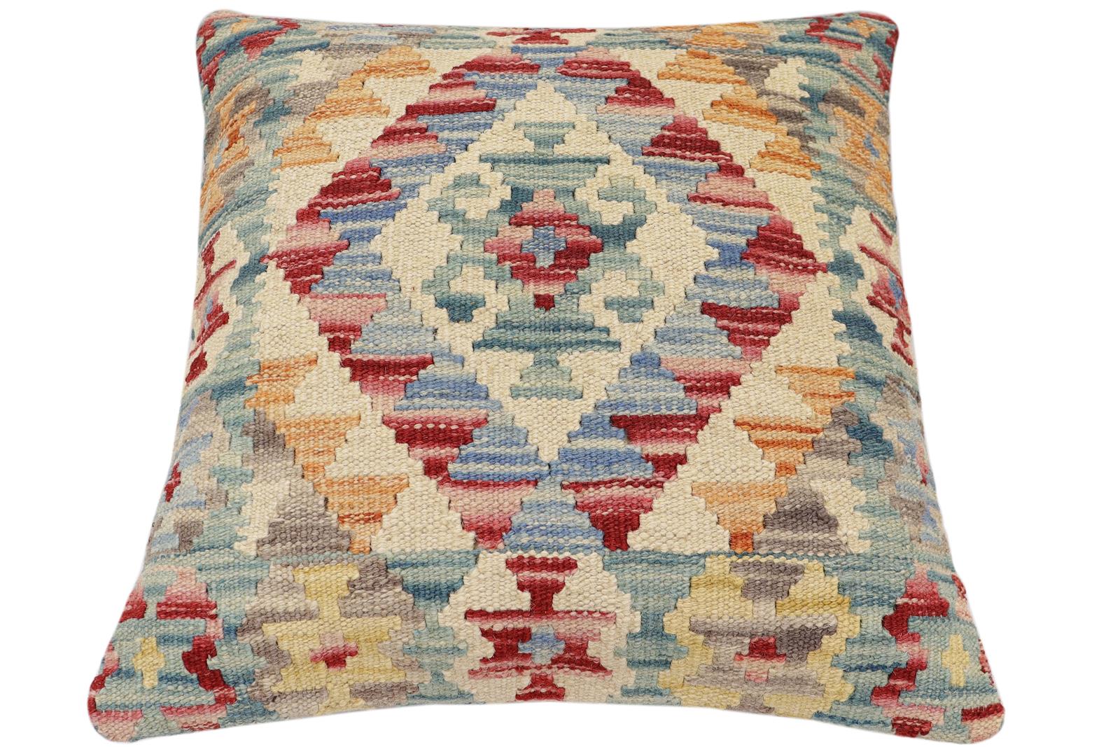handmade Traditional Pillow Red Blue Hand-Woven SQUARE 100% WOOL Hand woven turkish pillow2' x 2'