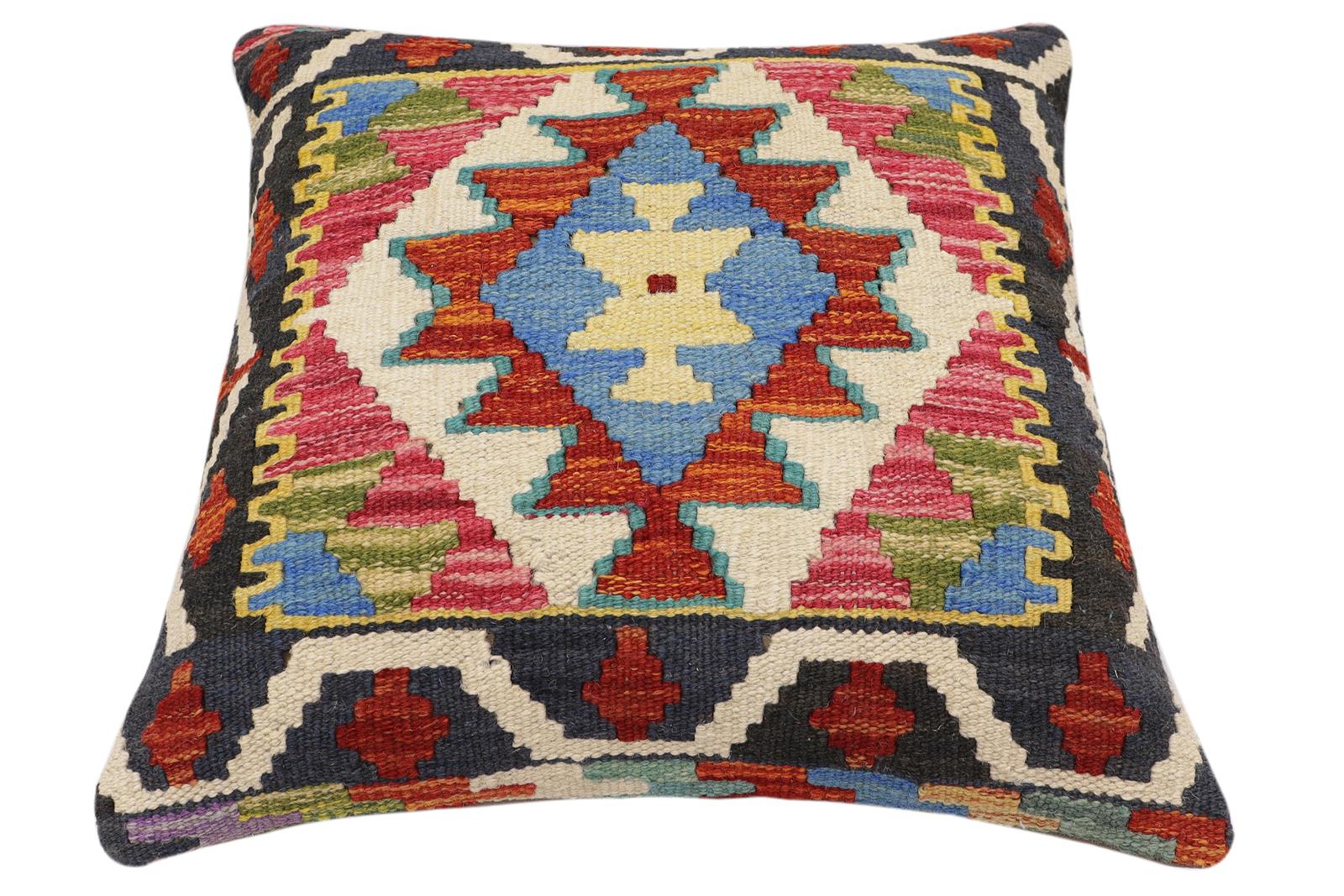 handmade Traditional Pillow Rust Blue Hand-Woven SQUARE 100% WOOL Hand woven turkish pillow2' x 2'