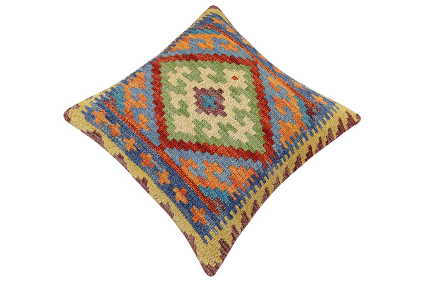 handmade Traditional Pillow Rust Blue Hand-Woven SQUARE 100% WOOL Hand woven turkish pillow2' x 2'