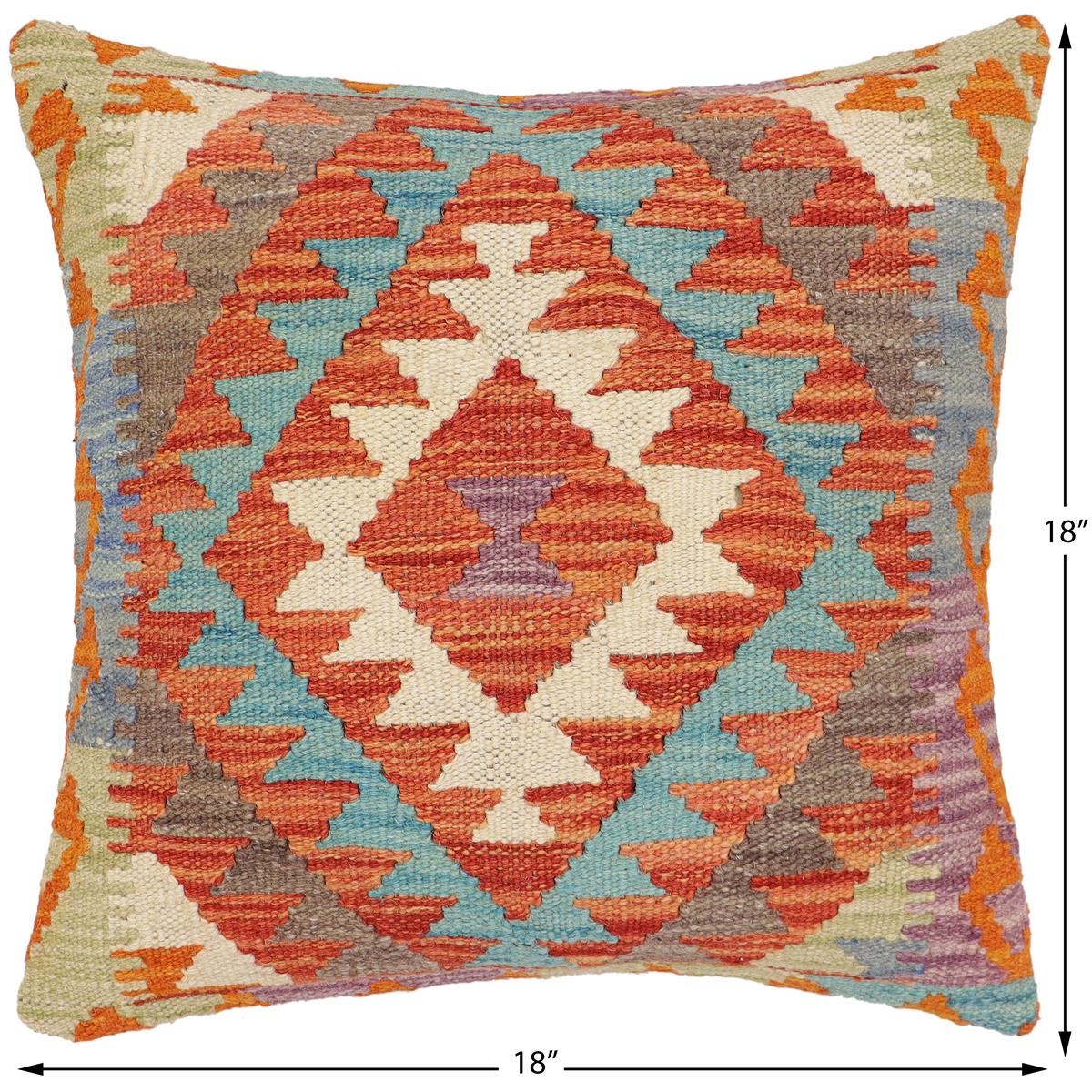 handmade Traditional Pillow Rust Blue Hand-Woven SQUARE 100% WOOL Hand woven turkish pillow2' x 2'