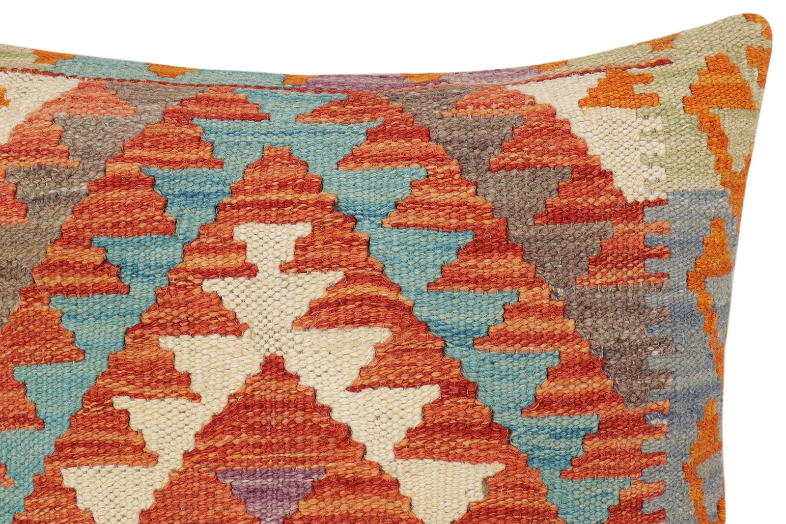 handmade Traditional Pillow Rust Blue Hand-Woven SQUARE 100% WOOL Hand woven turkish pillow2' x 2'