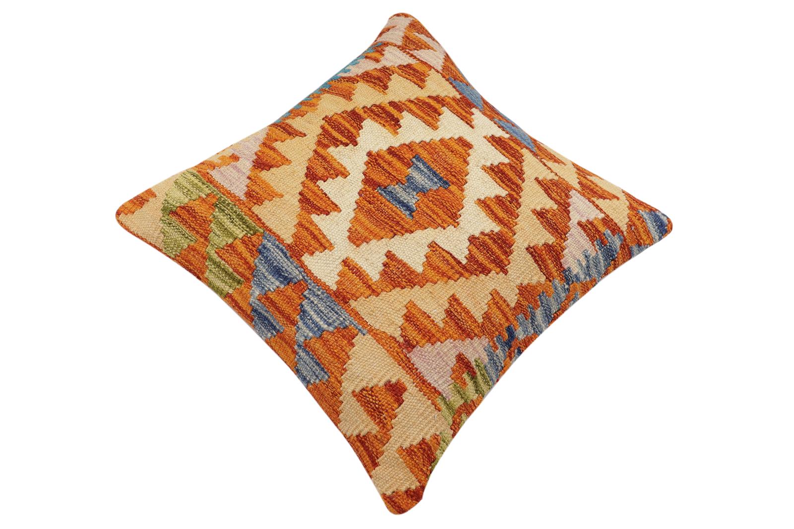 handmade Traditional Pillow Rust Blue Hand-Woven SQUARE 100% WOOL Hand woven turkish pillow2' x 2'