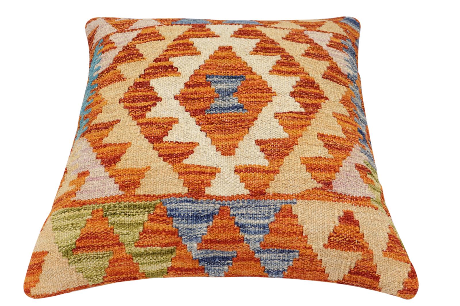 handmade Traditional Pillow Rust Blue Hand-Woven SQUARE 100% WOOL Hand woven turkish pillow2' x 2'