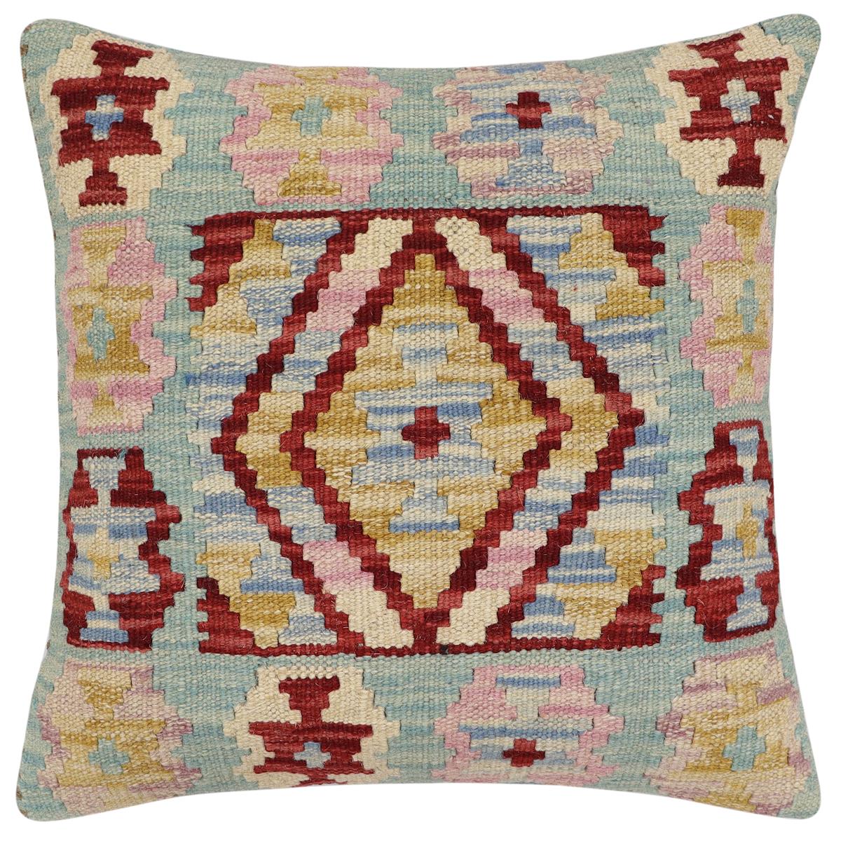 handmade Traditional Pillow Red Blue Hand-Woven SQUARE 100% WOOL Hand woven turkish pillow2' x 2'
