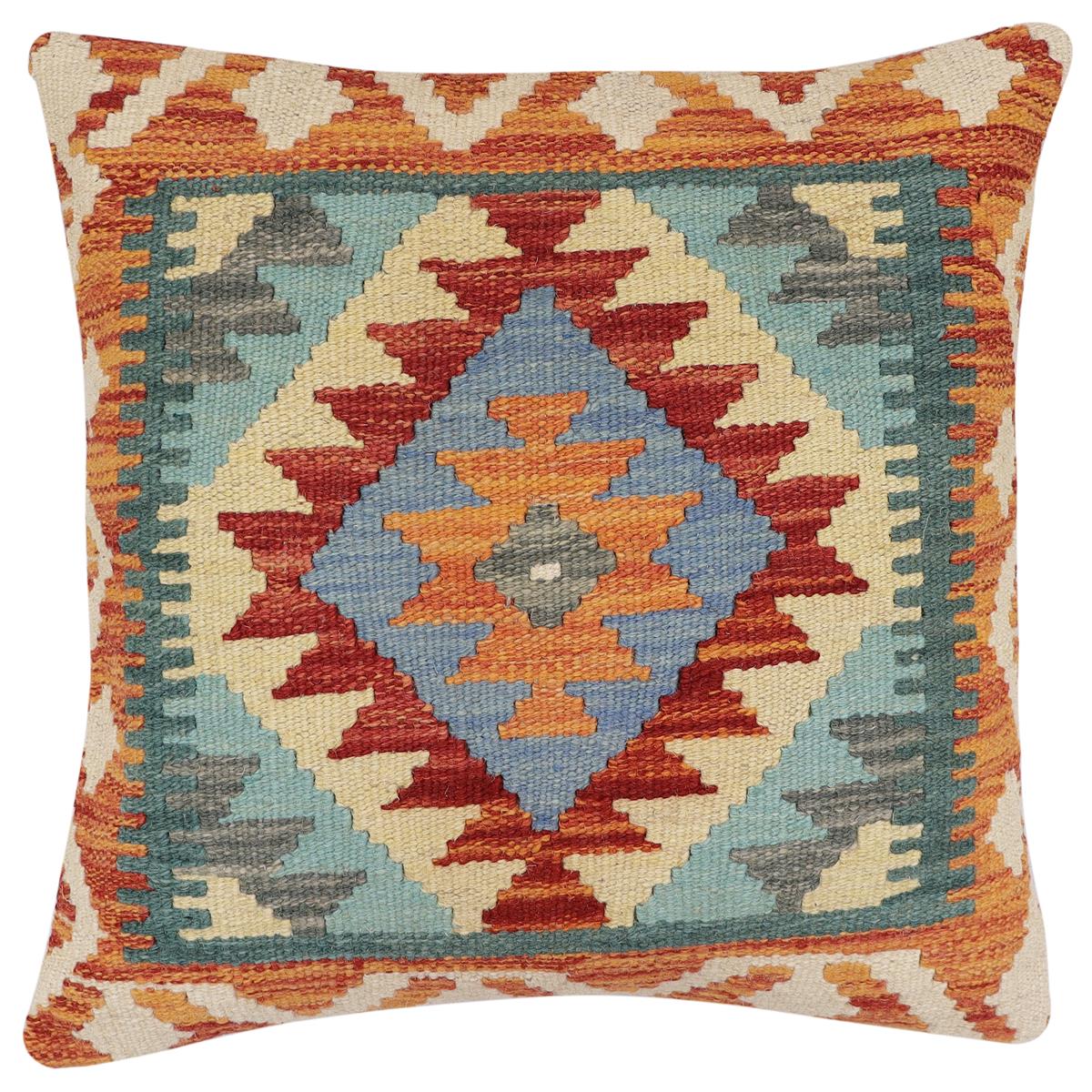 handmade Traditional Pillow Rust Blue Hand-Woven SQUARE 100% WOOL Hand woven turkish pillow2' x 2'