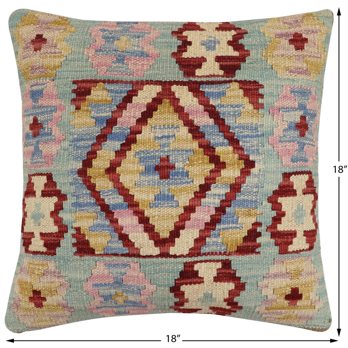 handmade Traditional Pillow Blue Red Hand-Woven SQUARE 100% WOOL Hand woven turkish pillow2' x 2'