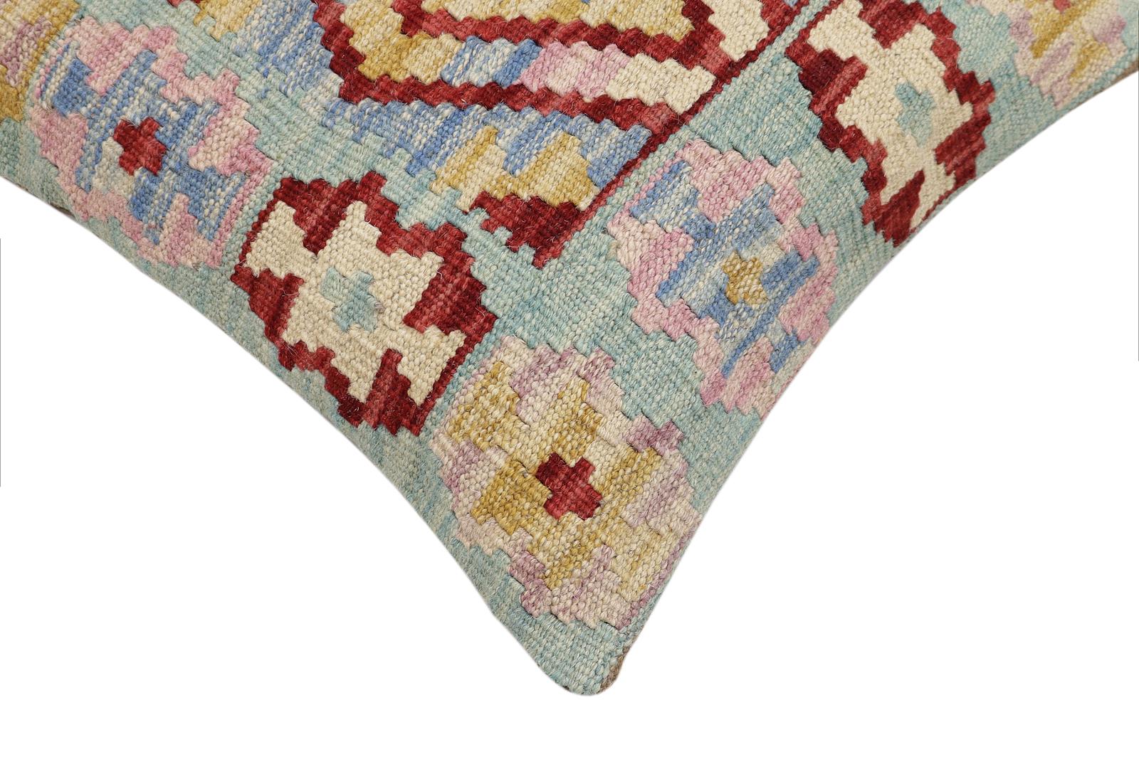 handmade Traditional Pillow Blue Red Hand-Woven SQUARE 100% WOOL Hand woven turkish pillow2' x 2'