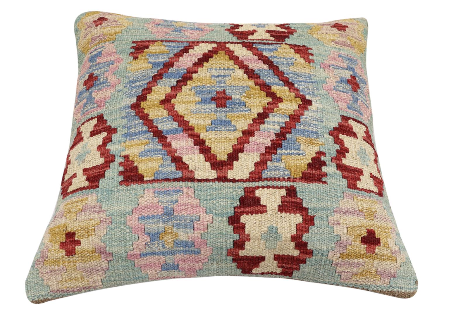 handmade Traditional Pillow Blue Red Hand-Woven SQUARE 100% WOOL Hand woven turkish pillow2' x 2'