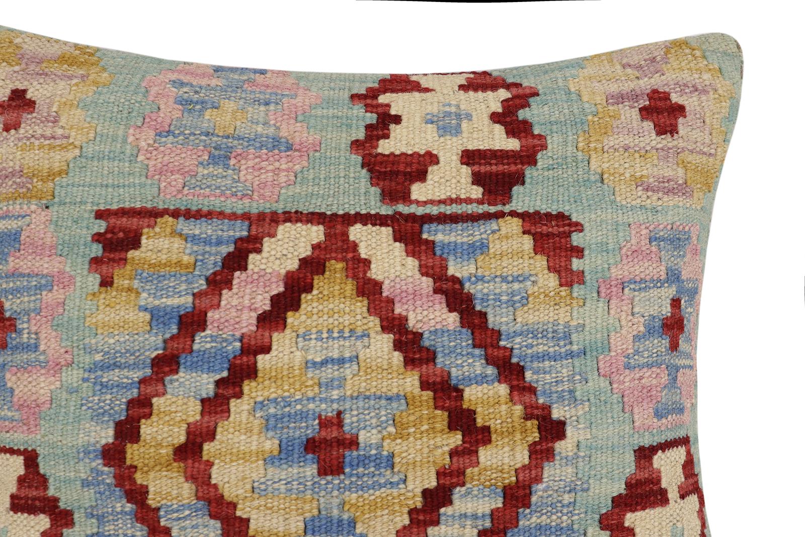 handmade Traditional Pillow Blue Red Hand-Woven SQUARE 100% WOOL Hand woven turkish pillow2' x 2'