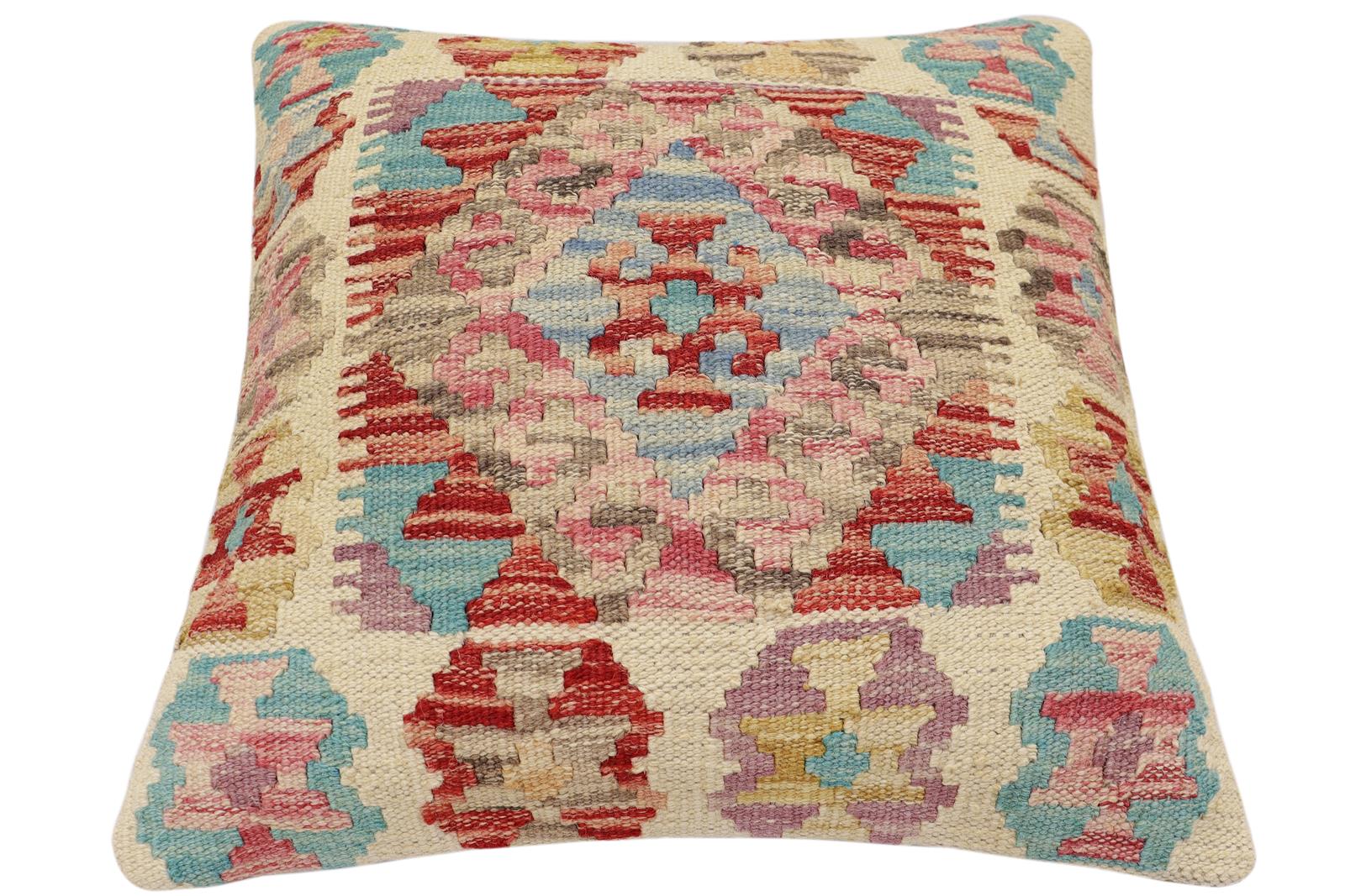 handmade Traditional Pillow Red Blue Hand-Woven SQUARE 100% WOOL Hand woven turkish pillow2' x 2'