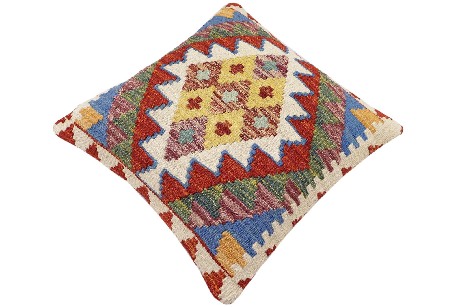 handmade Traditional Pillow Rust Blue Hand-Woven SQUARE 100% WOOL Hand woven turkish pillow2' x 2'