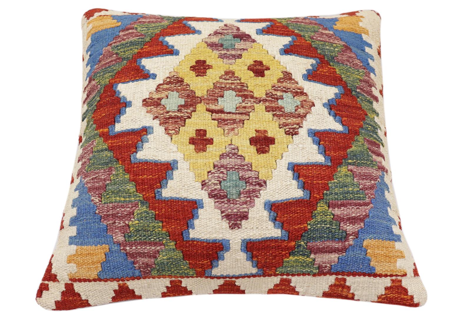 handmade Traditional Pillow Rust Blue Hand-Woven SQUARE 100% WOOL Hand woven turkish pillow2' x 2'