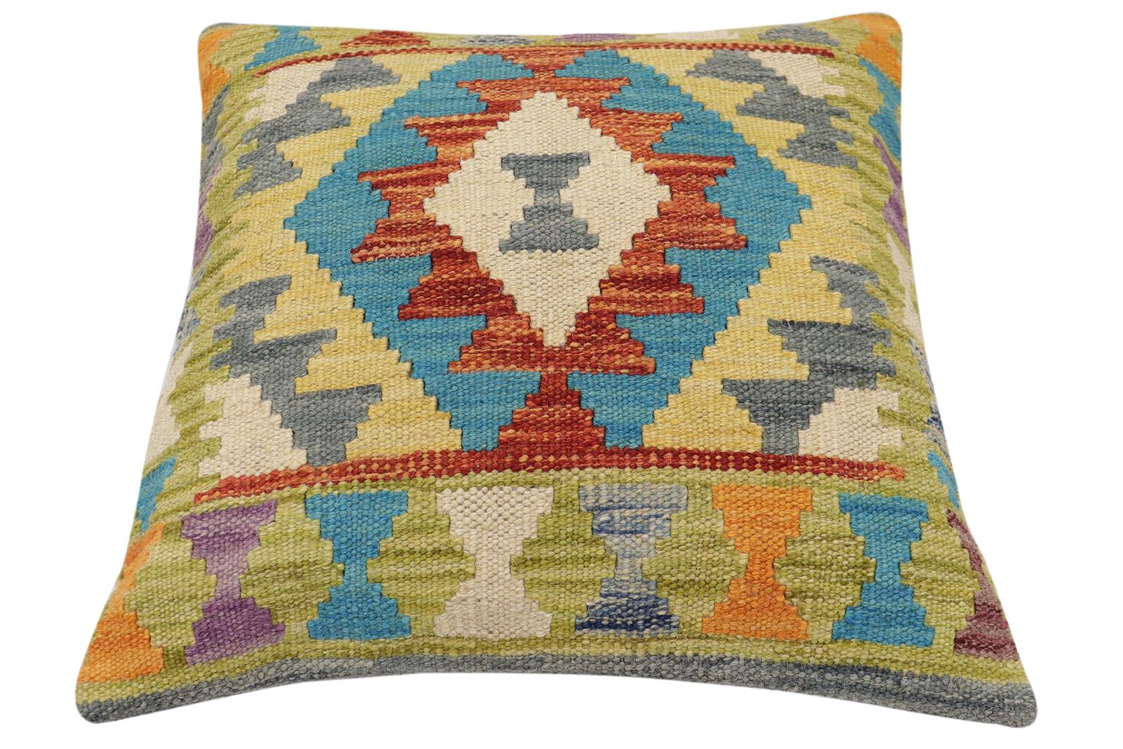 handmade Traditional Pillow Rust Blue Hand-Woven SQUARE 100% WOOL Hand woven turkish pillow2' x 2'