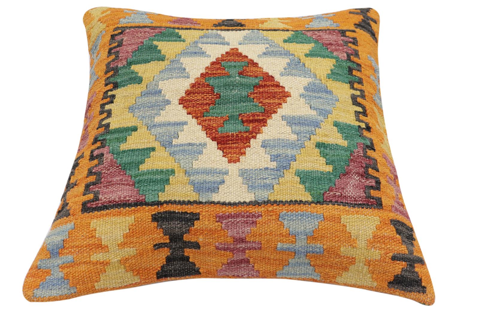 handmade Traditional Pillow Rust Blue Hand-Woven SQUARE 100% WOOL Hand woven turkish pillow2' x 2'
