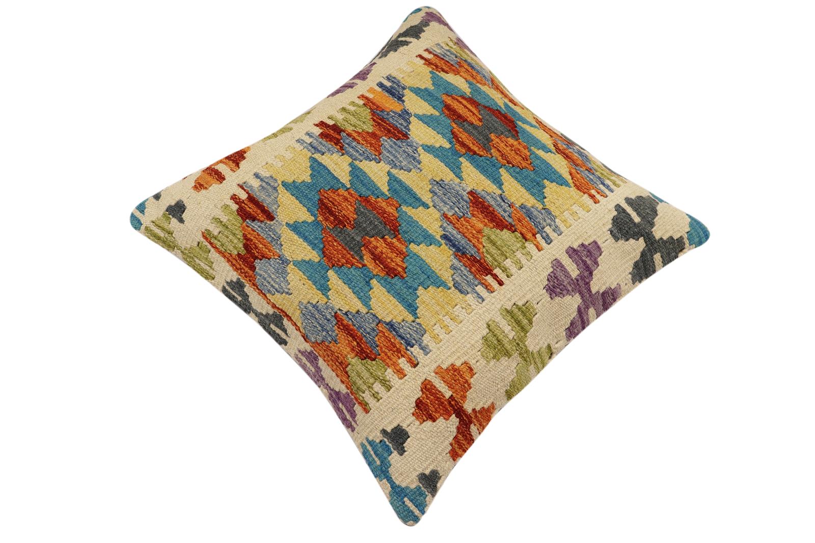handmade Traditional Pillow Rust Blue Hand-Woven SQUARE 100% WOOL Hand woven turkish pillow2' x 2'