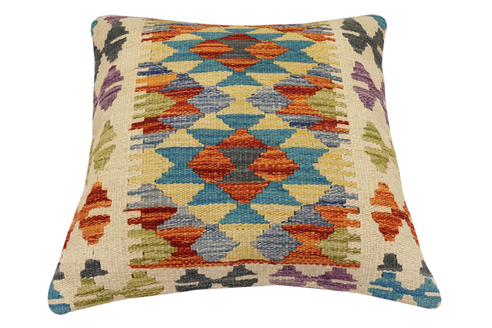 handmade Traditional Pillow Rust Blue Hand-Woven SQUARE 100% WOOL Hand woven turkish pillow2' x 2'