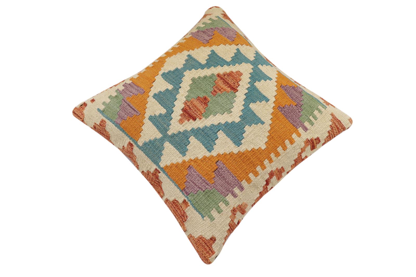 handmade Traditional Pillow Rust Blue Hand-Woven SQUARE 100% WOOL Hand woven turkish pillow2' x 2'